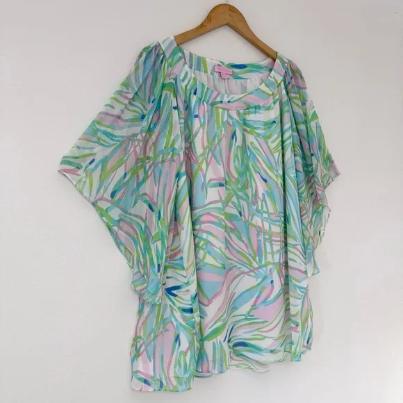 Lilly Pulitzer Silk Marietta Caftan Mini Dress in Salute Print Bell Sleeve Sz M - Picture 3 of 16